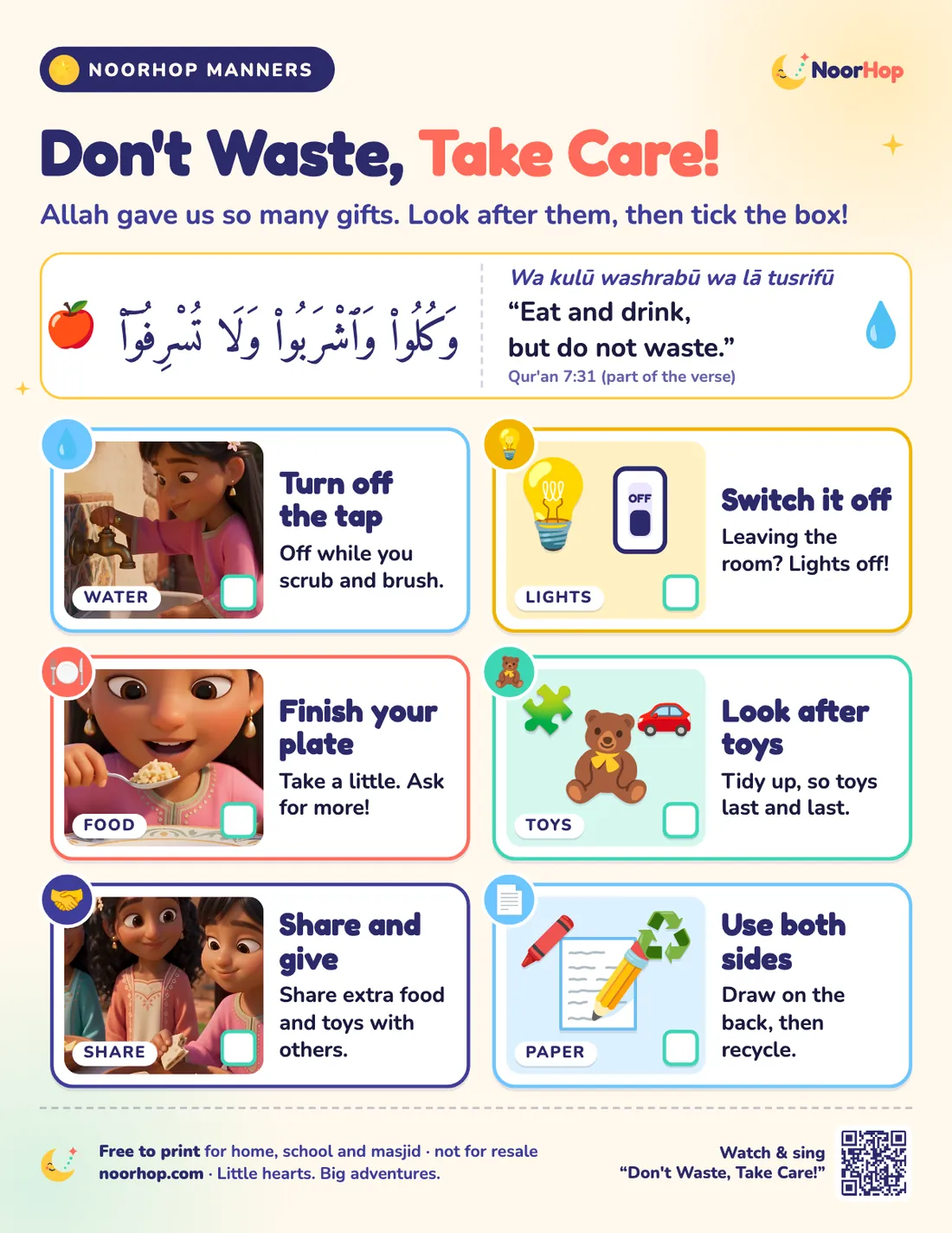 Don't Waste, Take Care poster for kids with part of Qur'an 7:31 in Arabic and six tick-box picture cards for water, lights, food, toys, sharing and paper