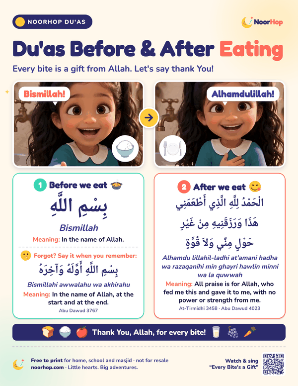 Du'as before and after eating poster for kids: Ariana saying Bismillah and Alhamdulillah, with both du'as in Arabic, transliteration and meaning