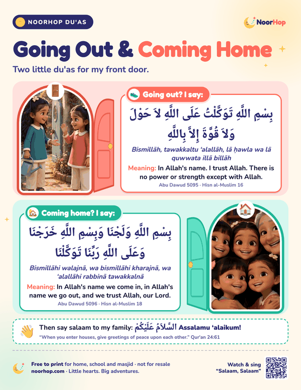 Going out and coming home du'as poster for kids with Ariana and Alana waving at the garden gate, the children hugging Grandma, and both du'as in Arabic