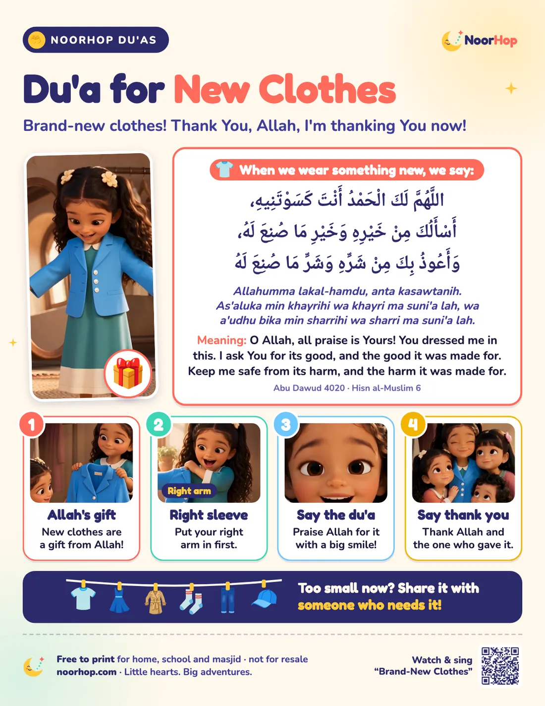 Du'a for new clothes poster for kids with a girl showing off a new blue jacket, the du'a in Arabic, and four numbered steps