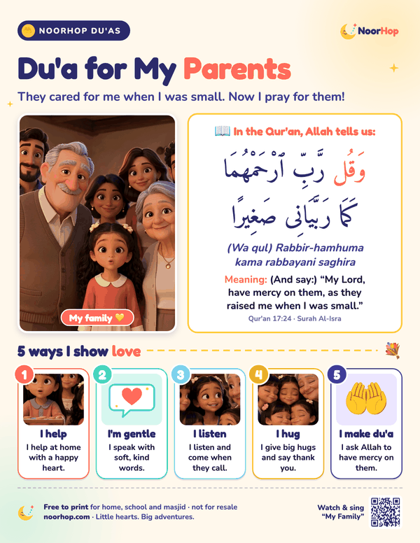 Du'a for my parents poster for kids with a girl and her family, the verse Rabbir-hamhuma in Arabic, and five picture cards for ways to show love