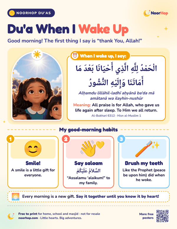 Du'a when waking up poster with a smiling girl in the morning sun, the wake-up du'a in Arabic and three good-morning habit cards
