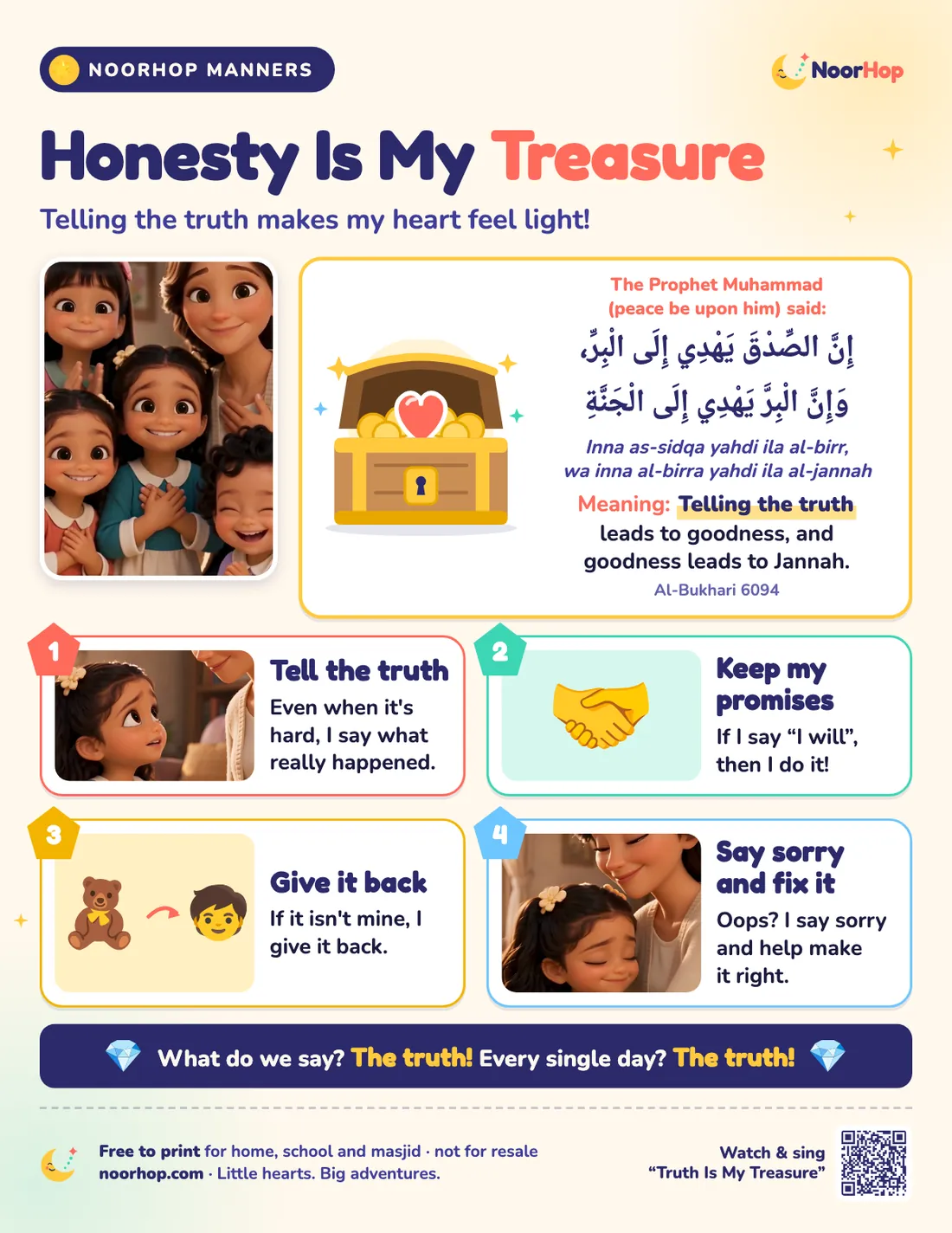 Honesty Is My Treasure poster for kids with smiling children holding their hearts, a treasure chest, a hadith about truthfulness in Arabic, and four honest habits