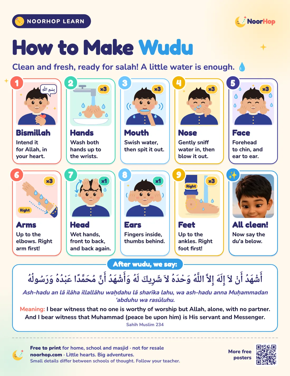 How to make wudu poster for kids with a boy showing nine numbered picture steps and the du'a after wudu in Arabic