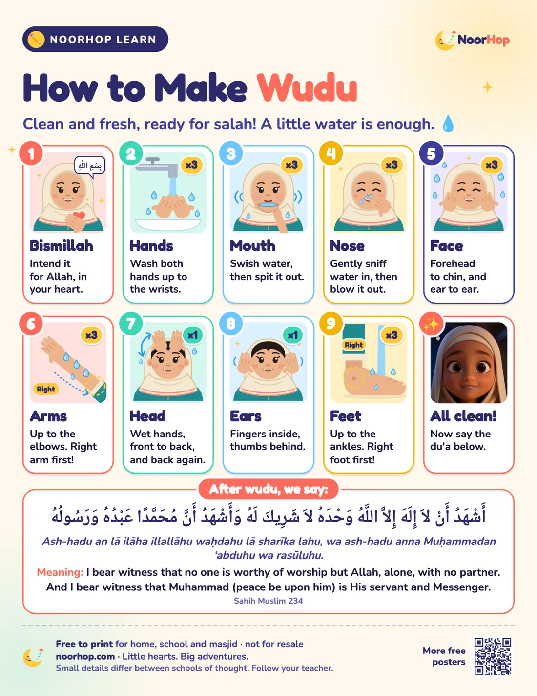 How to make wudu poster for girls with a girl in a headscarf showing nine numbered picture steps and the du'a after wudu in Arabic