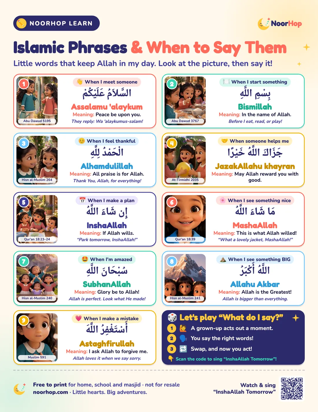 Islamic phrases for kids poster with nine picture cards showing when to say Assalamu 'alaykum, Bismillah, Alhamdulillah, JazakAllahu khayran, InshaAllah, MashaAllah, SubhanAllah, Allahu Akbar and Astaghfirullah