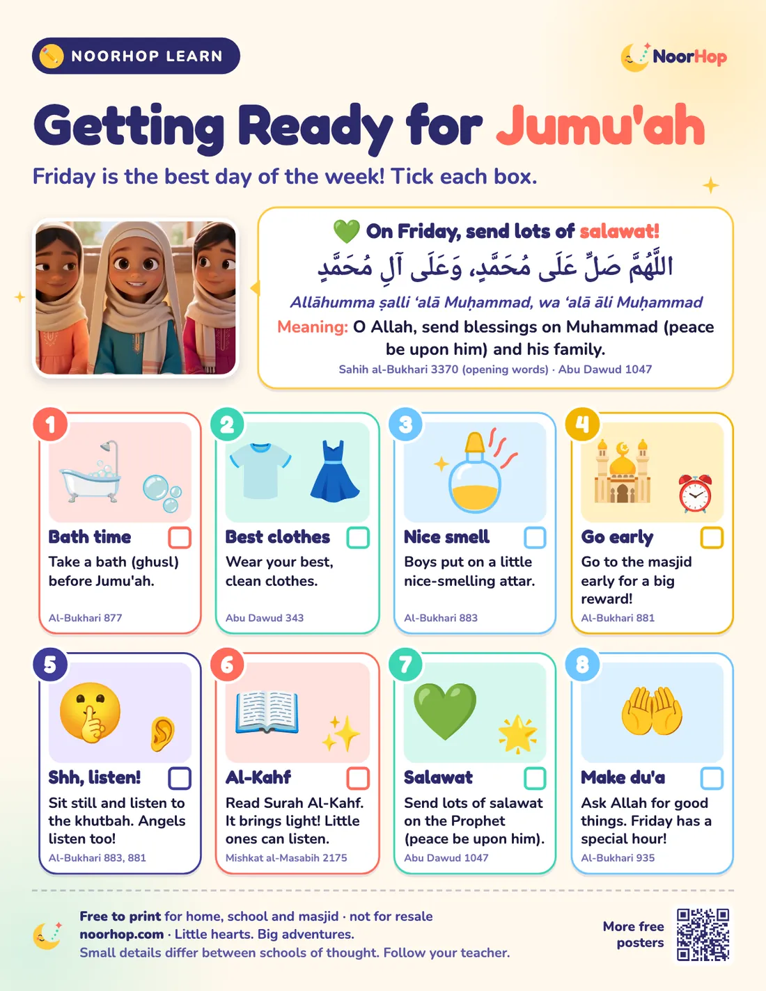 Jumu'ah checklist poster for kids with eight tick-box cards for Friday sunnahs and the salawat in Arabic beside three smiling girls