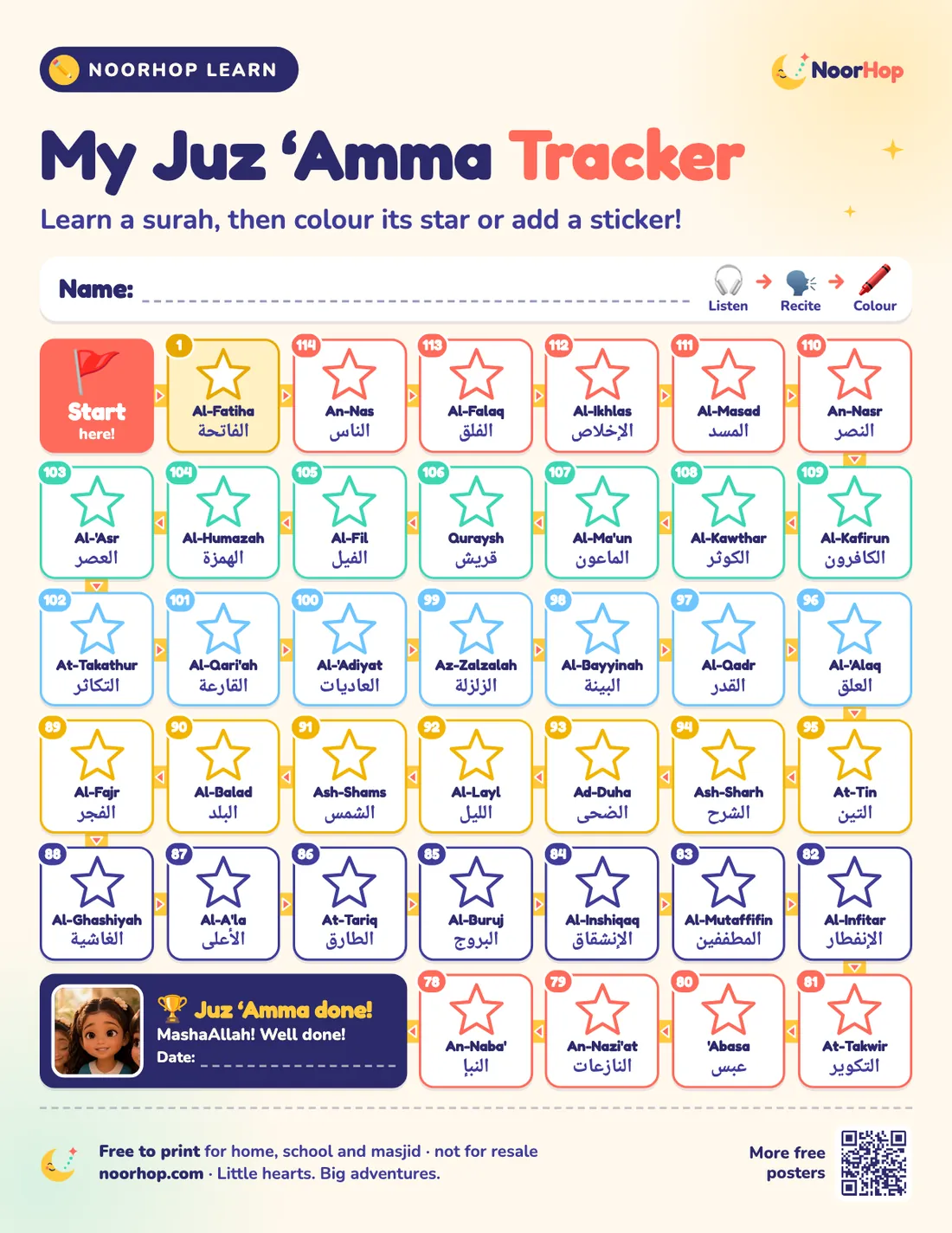 The My Juz 'Amma Tracker poster for kids, a snaking board of 38 surah tiles with stars to colour, from a Start flag to a Juz 'Amma done! finish box