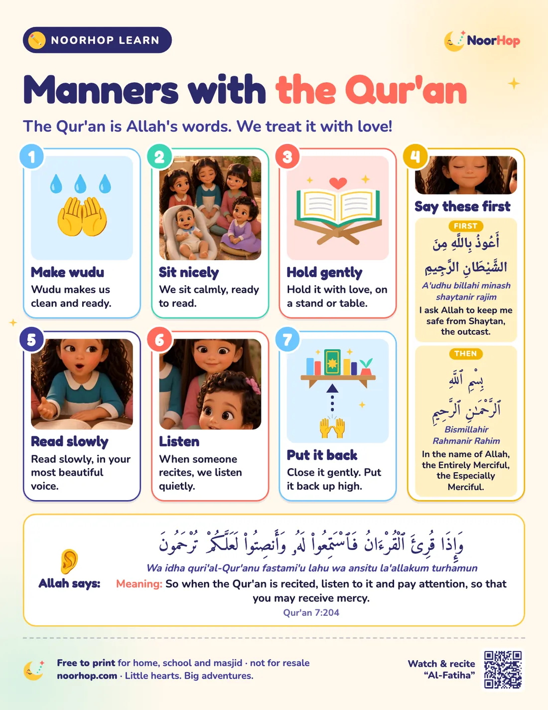 The Manners with the Qur'an poster for kids, seven numbered picture cards from making wudu to putting the Qur'an back on a high shelf, with Qur'an 7:204 below