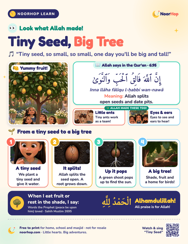 Tiny Seed, Big Tree poster for kids with children under a lemon tree, Qur'an 6:95 in Arabic, four picture steps from seed to tree, and Alhamdulillah