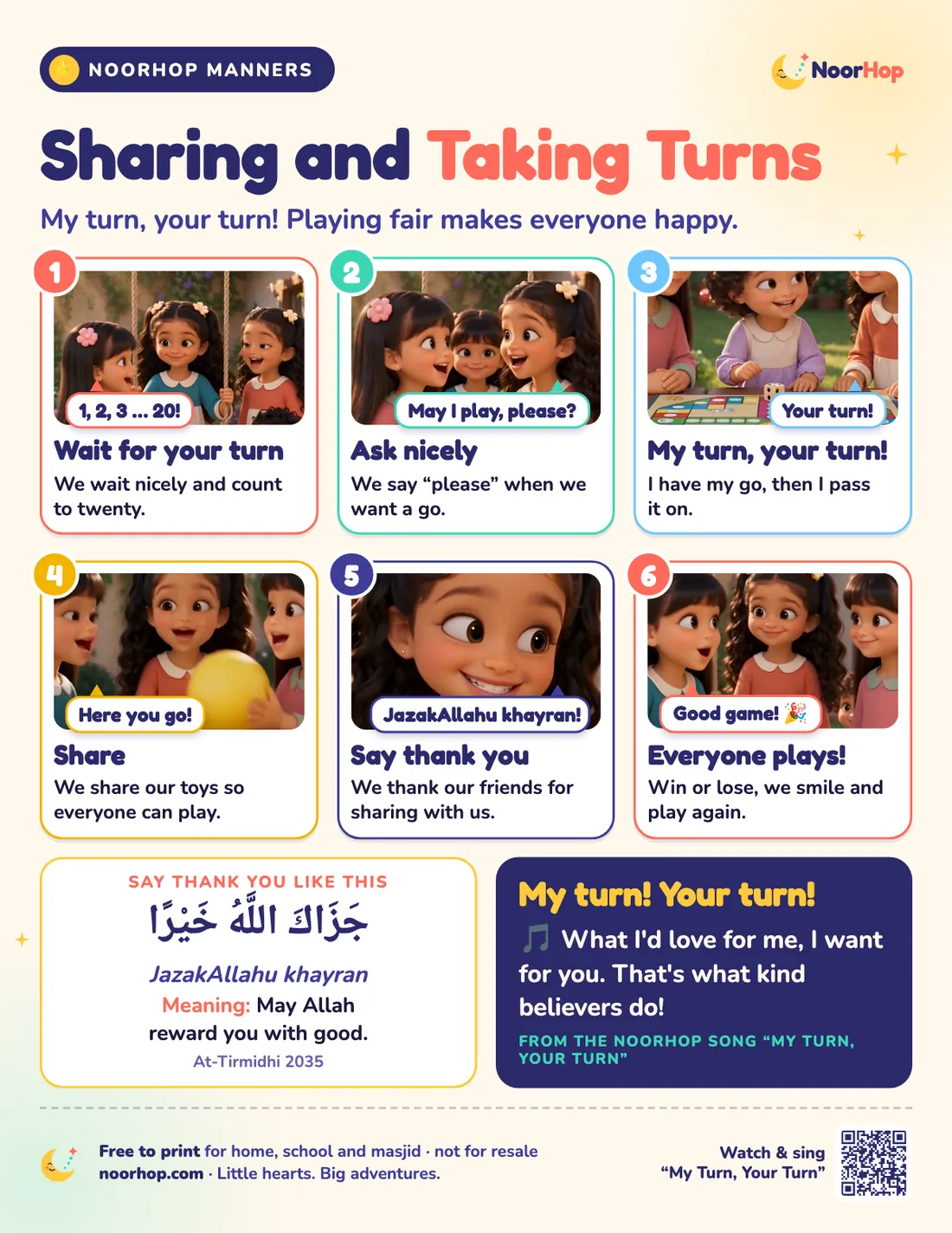 Sharing and taking turns poster for kids with six picture steps of children waiting at a swing, asking nicely, passing a ball and saying thank you, and JazakAllahu khayran in Arabic