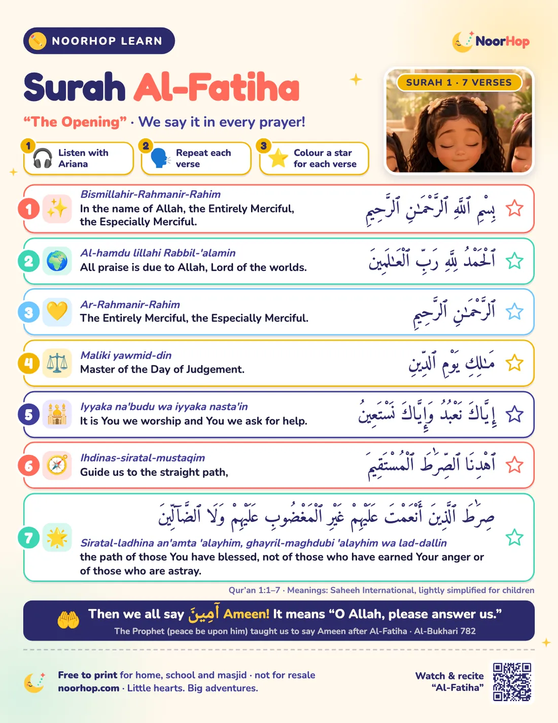 The Surah Al-Fatiha poster for kids with seven numbered verse cards in Arabic, transliteration and meaning, each with a picture and a star to colour