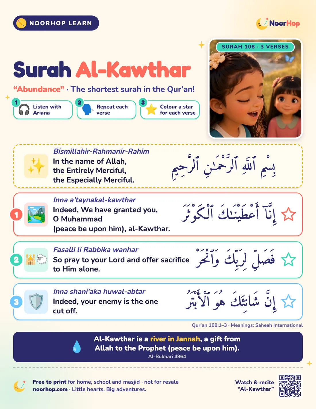 The Surah Al-Kawthar poster for kids with the Bismillah and three numbered verse cards in Arabic, transliteration and meaning, each with a picture and a star to colour