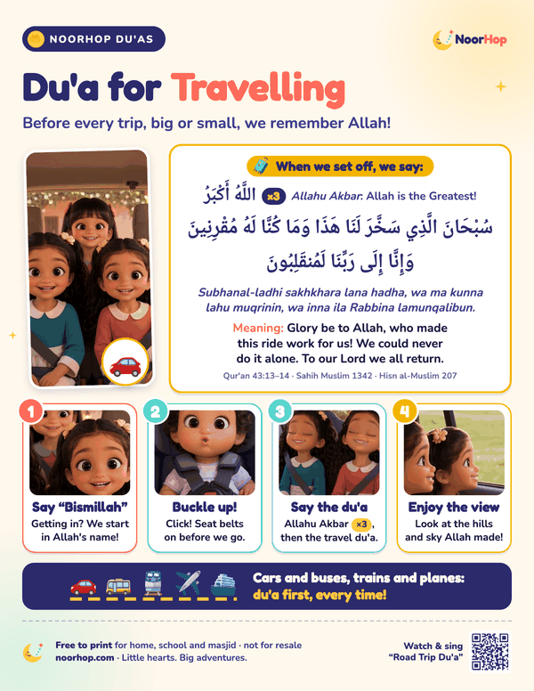 Du'a for travelling poster for kids with the NoorHop girls buckled up in the car, the travel du'a in Arabic, and four numbered car-trip steps