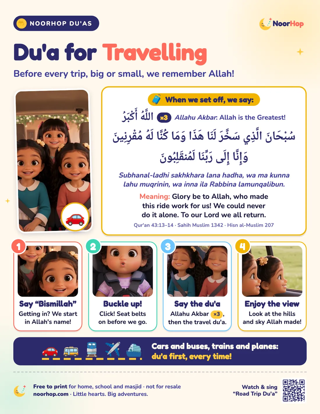 Du'a for travelling poster for kids with the NoorHop girls buckled up in the car, the travel du'a in Arabic, and four numbered car-trip steps