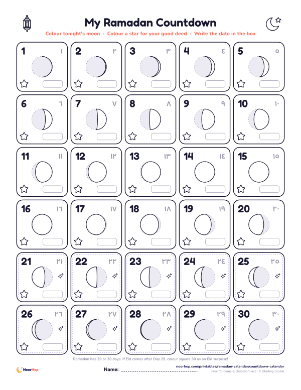 Ramadan countdown calendar for kids with 30 numbered moon phases and stars to colour