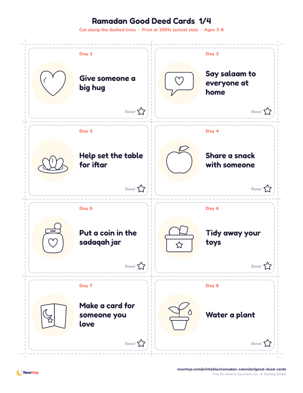 Printable Ramadan good deed cards with pictures: a hug, saying salaam, setting the iftar table