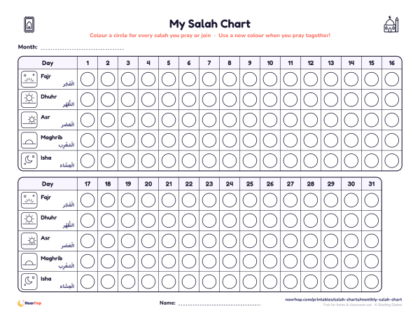 Monthly salah chart for kids with Fajr, Dhuhr, Asr, Maghrib and Isha rows and 31 circles to colour
