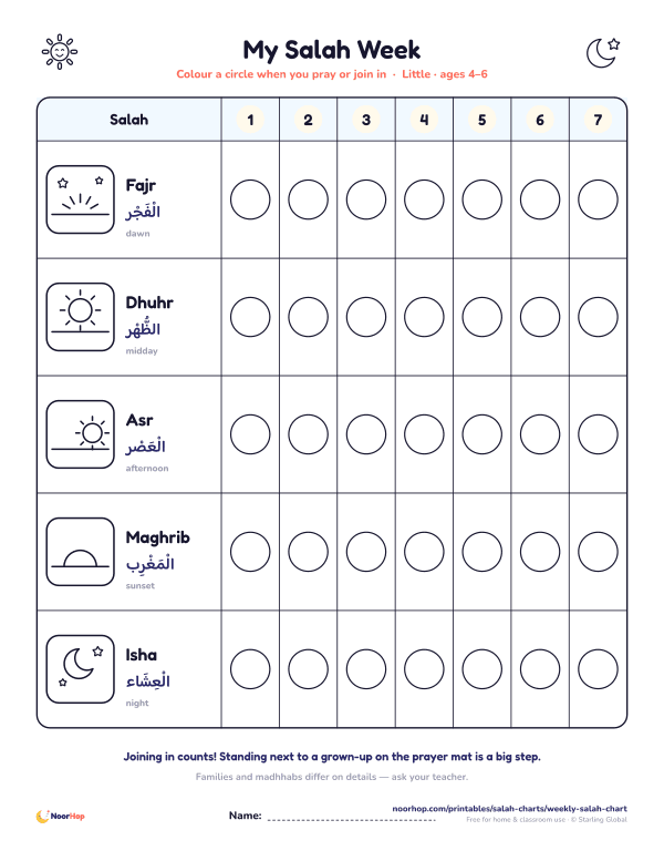 Weekly salah picture chart for little ones with dawn light, midday sun, afternoon sun, sunset and moon pictures