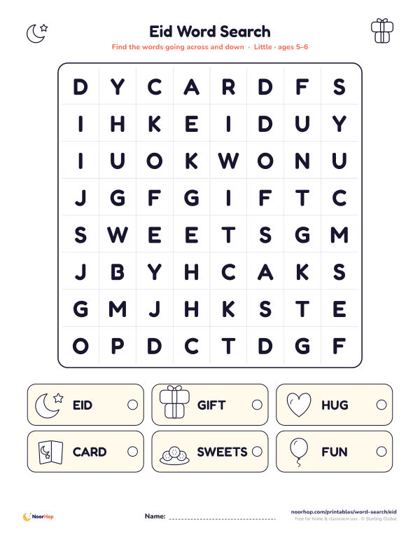 Eid word search for kids with a picture word list and a letter grid