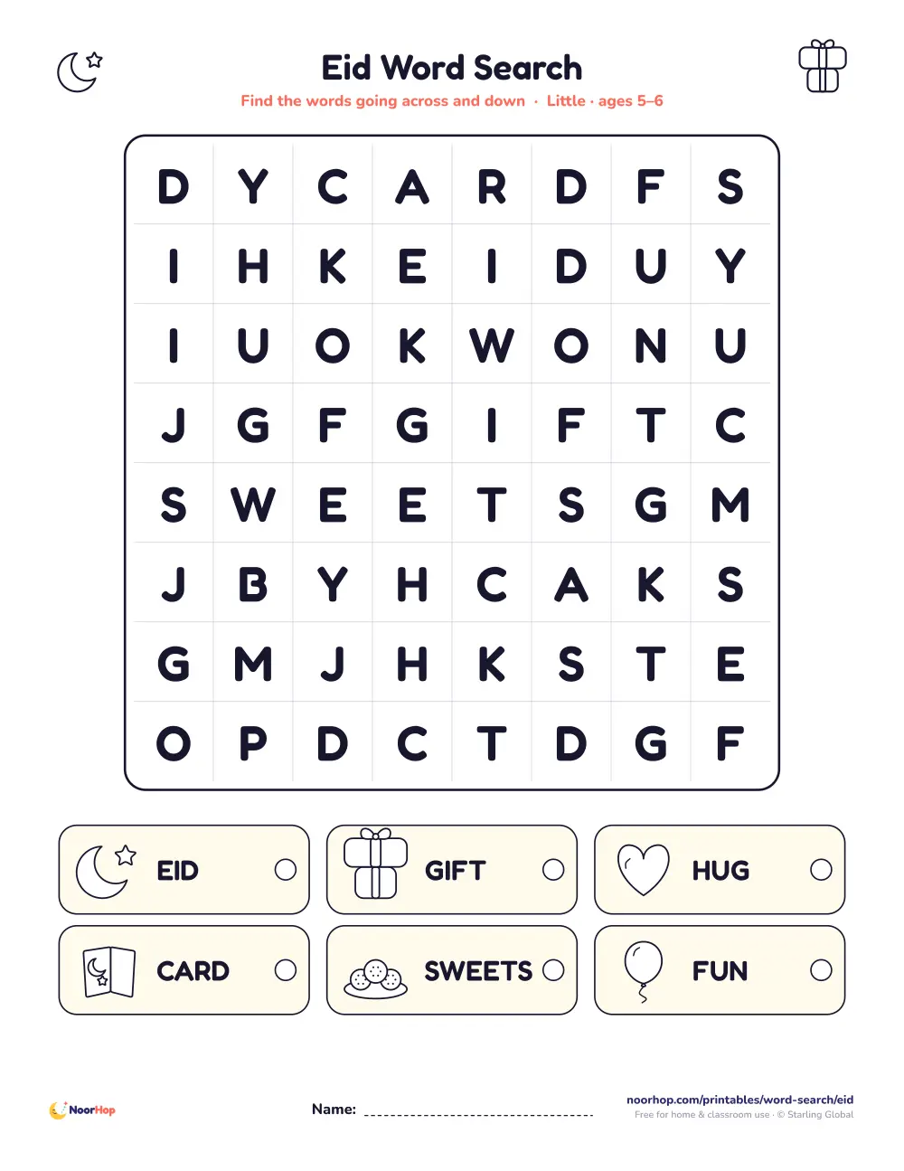 Eid word search for kids with a picture word list and a letter grid