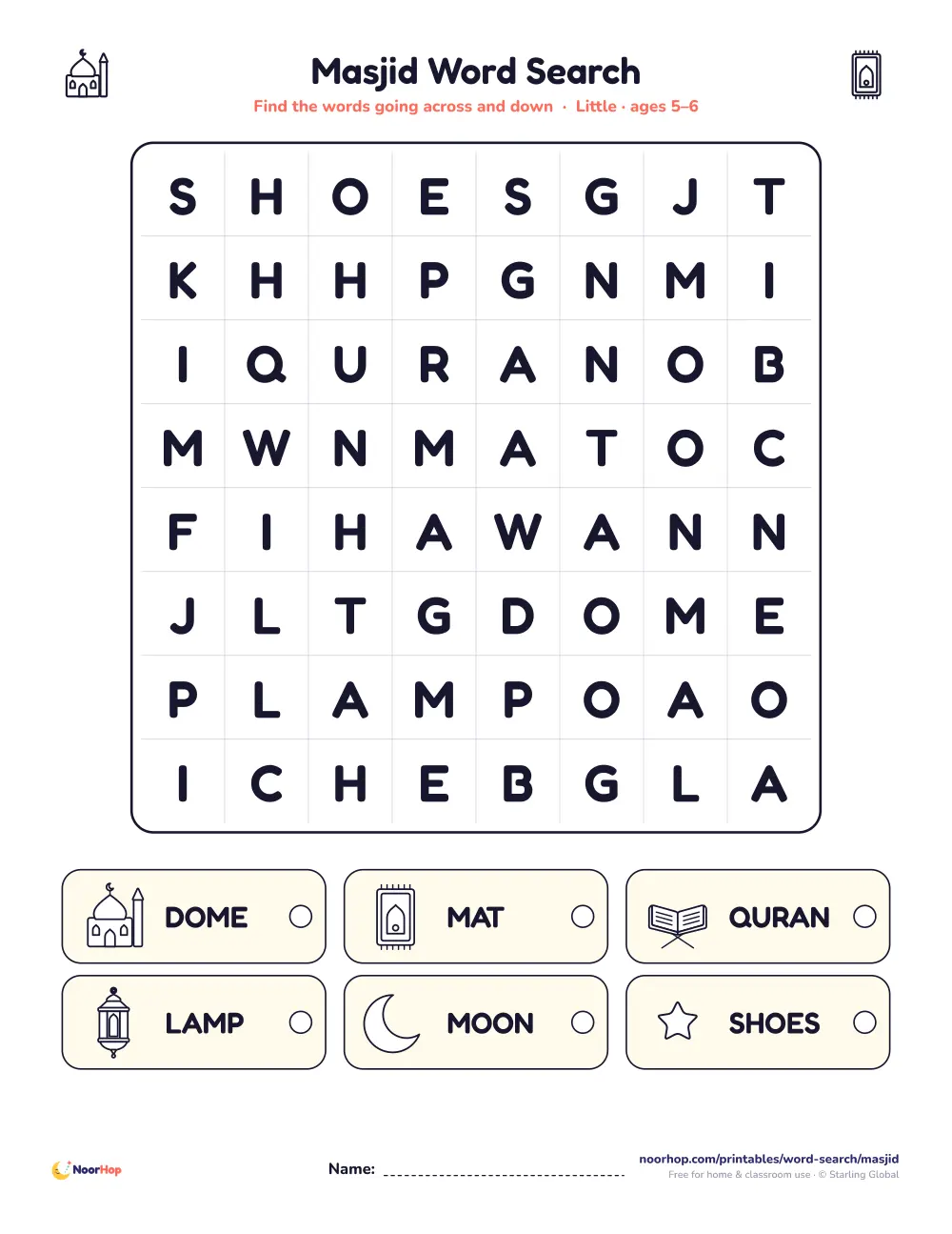 Masjid word search for kids with a picture word list and a letter grid