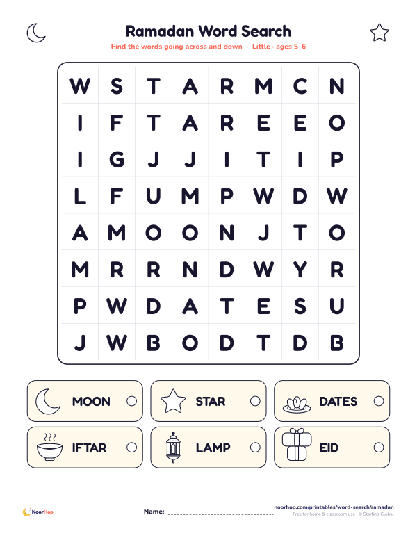 Ramadan word search for kids with a picture word list and a letter grid