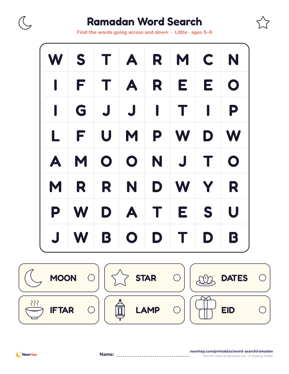 Ramadan word search for kids with a picture word list and a letter grid